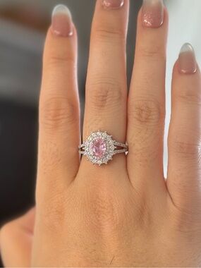 Silver Ring with Pink Oval Center Stone and Halo